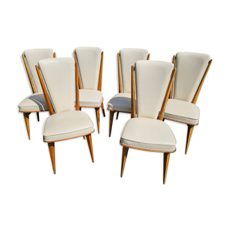 6 chaises vintage en bois verni et simili cuir blanc