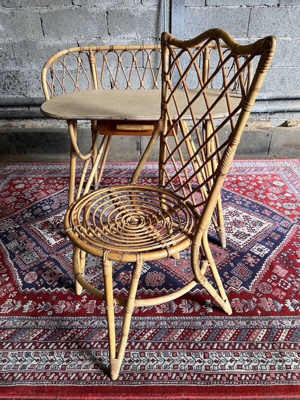 Coiffeuse et chaise vintages en rotin Louis Sognot - 1960