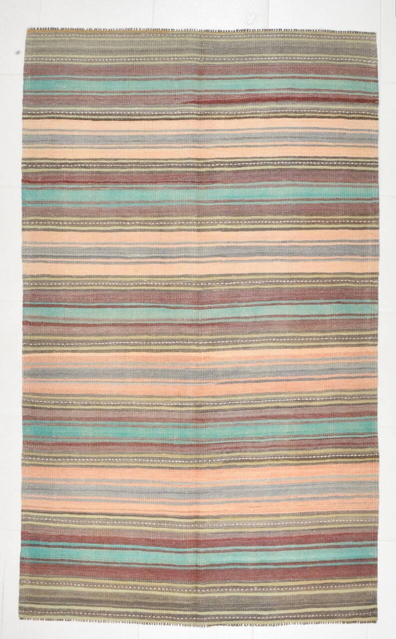 4x7 Pale Orange & Mint Green Striped Wool Kilim Rug, Washable Rug,126x210Cm
