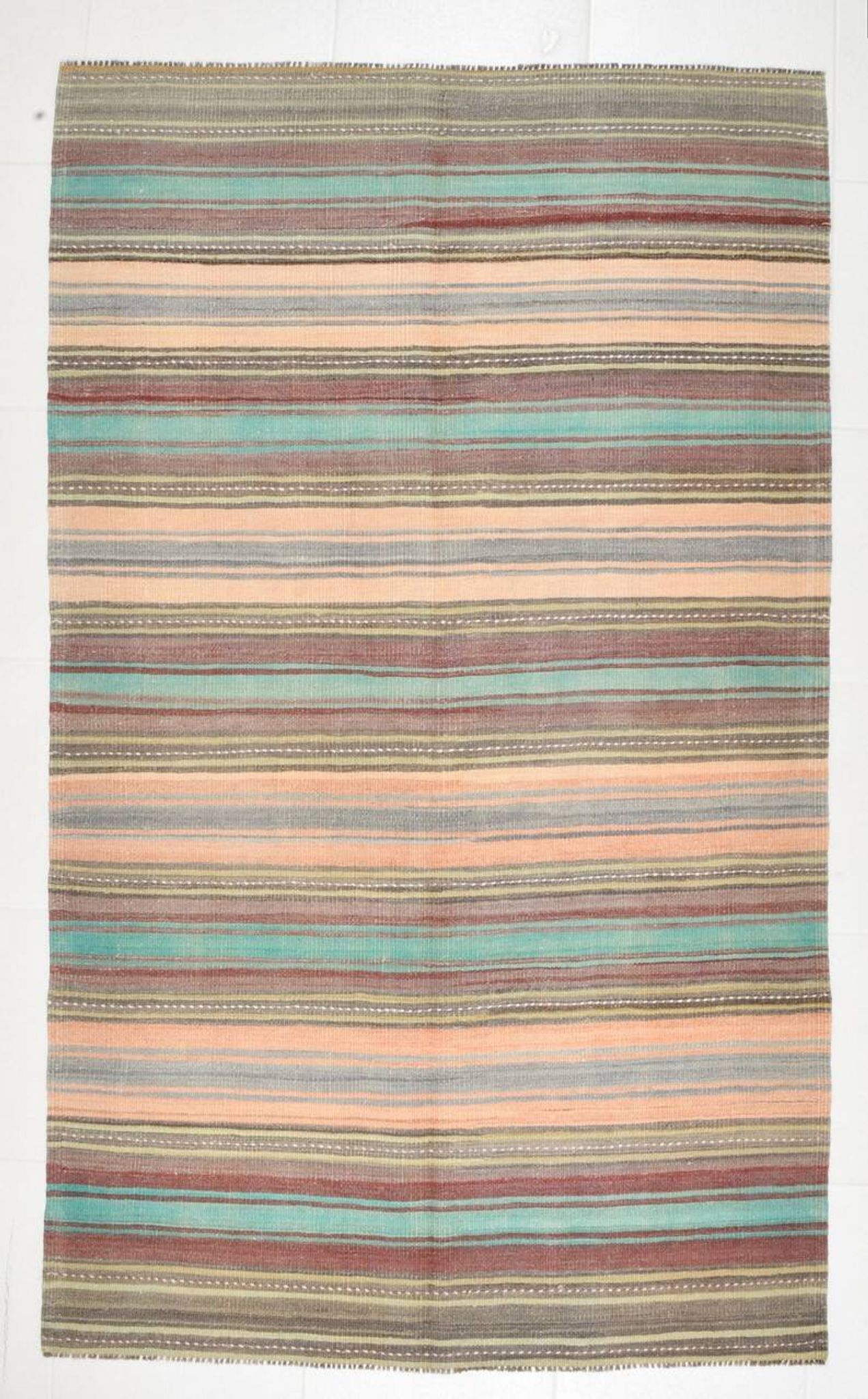 4x7 Pale Orange & Mint Green Striped Wool Kilim Rug, Washable Rug,126x210Cm