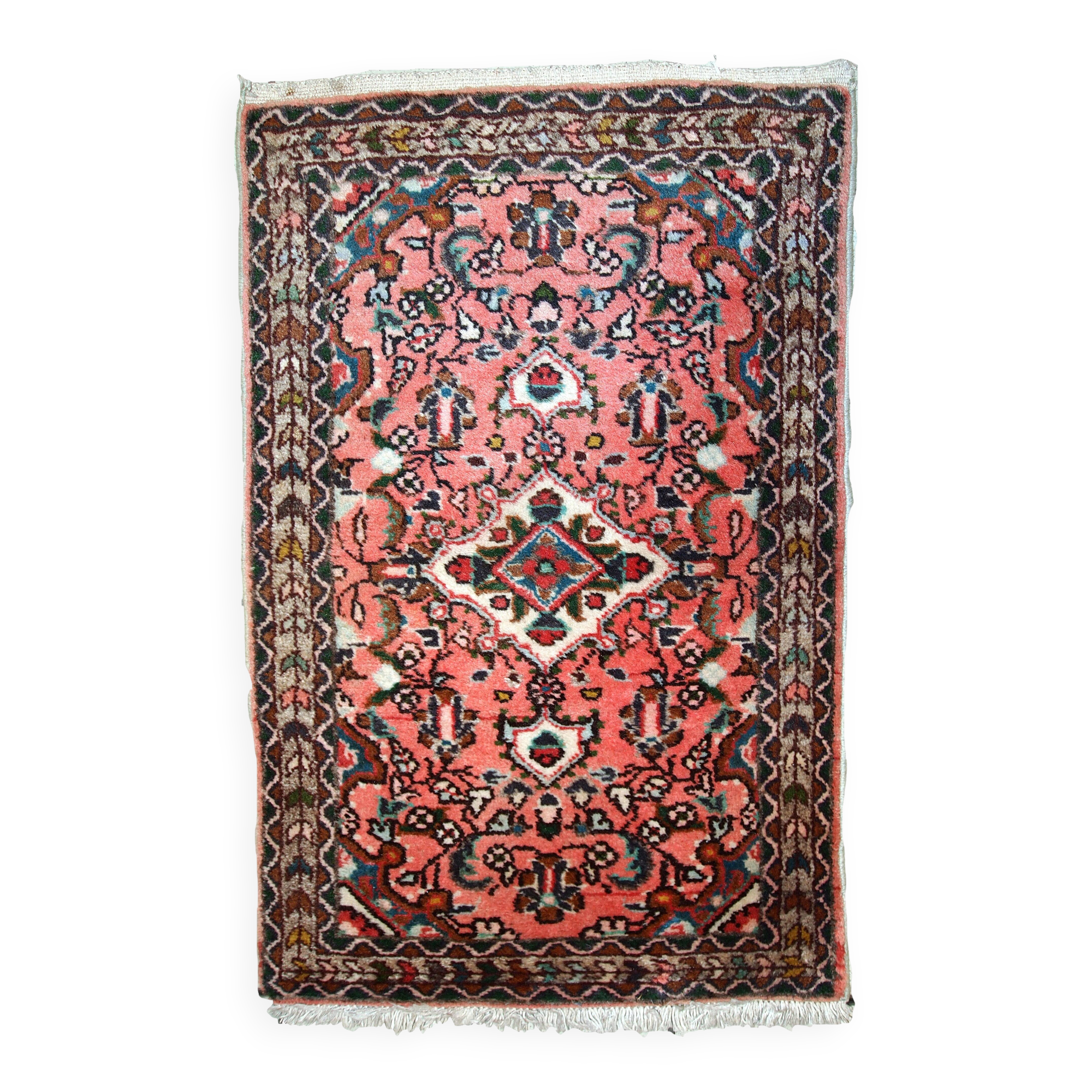 Tapis vintage fait main Lilihan en laine rose (59cm x 93cm) – Années 1970