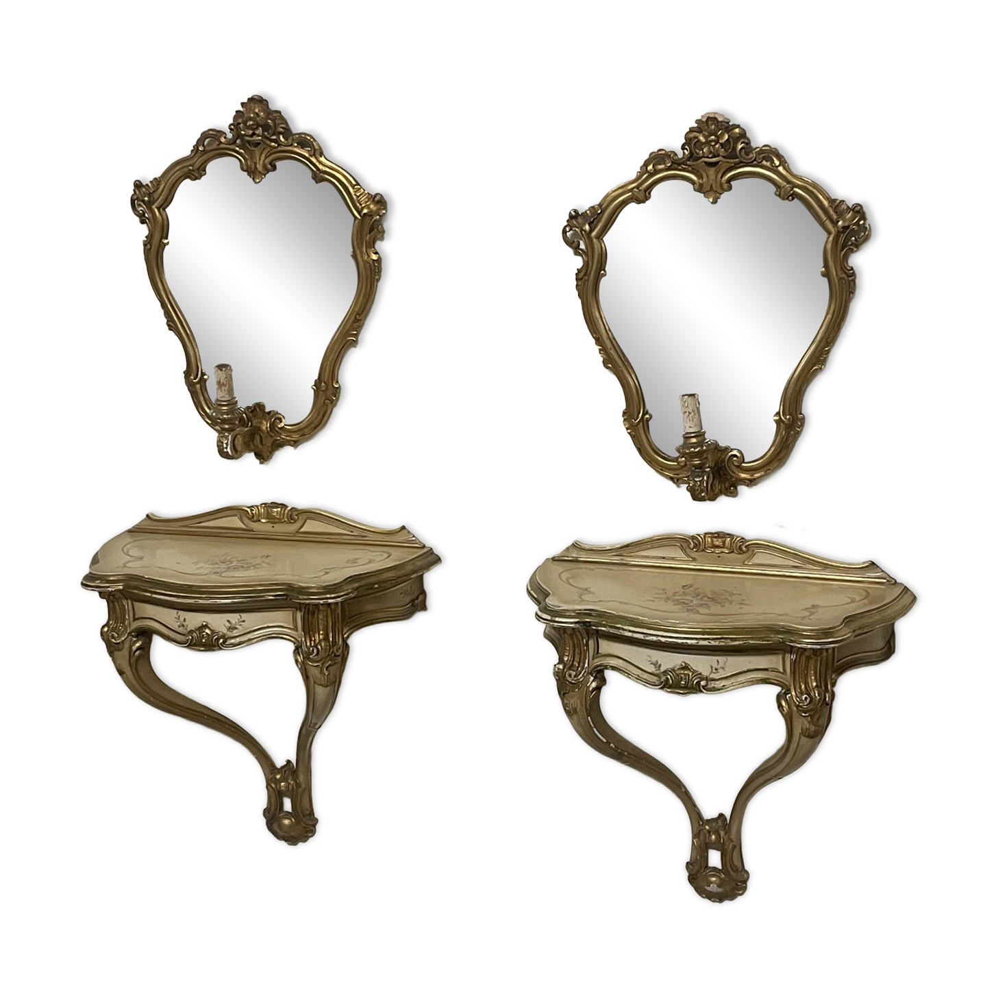 Pair of wall-mounted consoles with a mirror in Louis XV style.