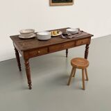 Walnut and pine drapery farmhouse table