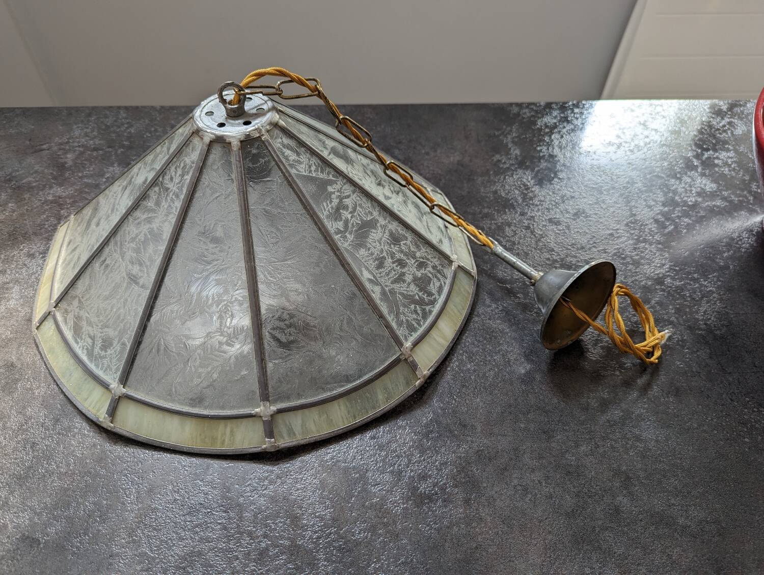 Old large Art Deco pendant lamp with mother-of-pearl and glass shade