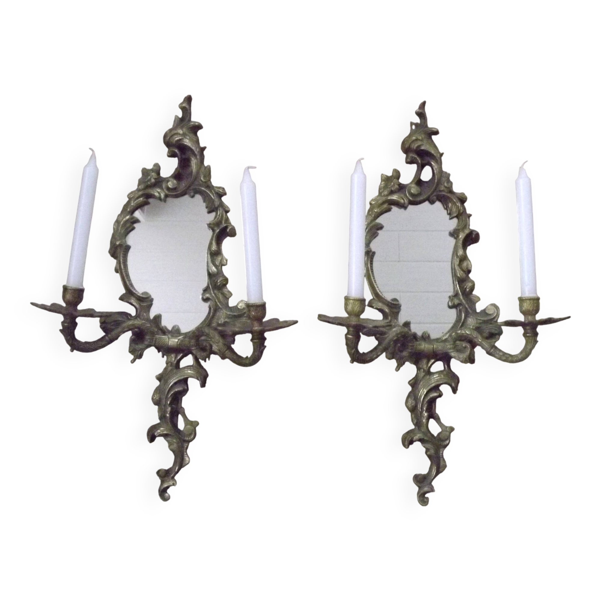Large Pair of French Antique Bronze Mirror Double Candle Wall Sconces 5127
