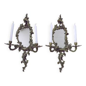 Large Pair French Antique Bronze Mirror Double Candle Wall Sconces 5127