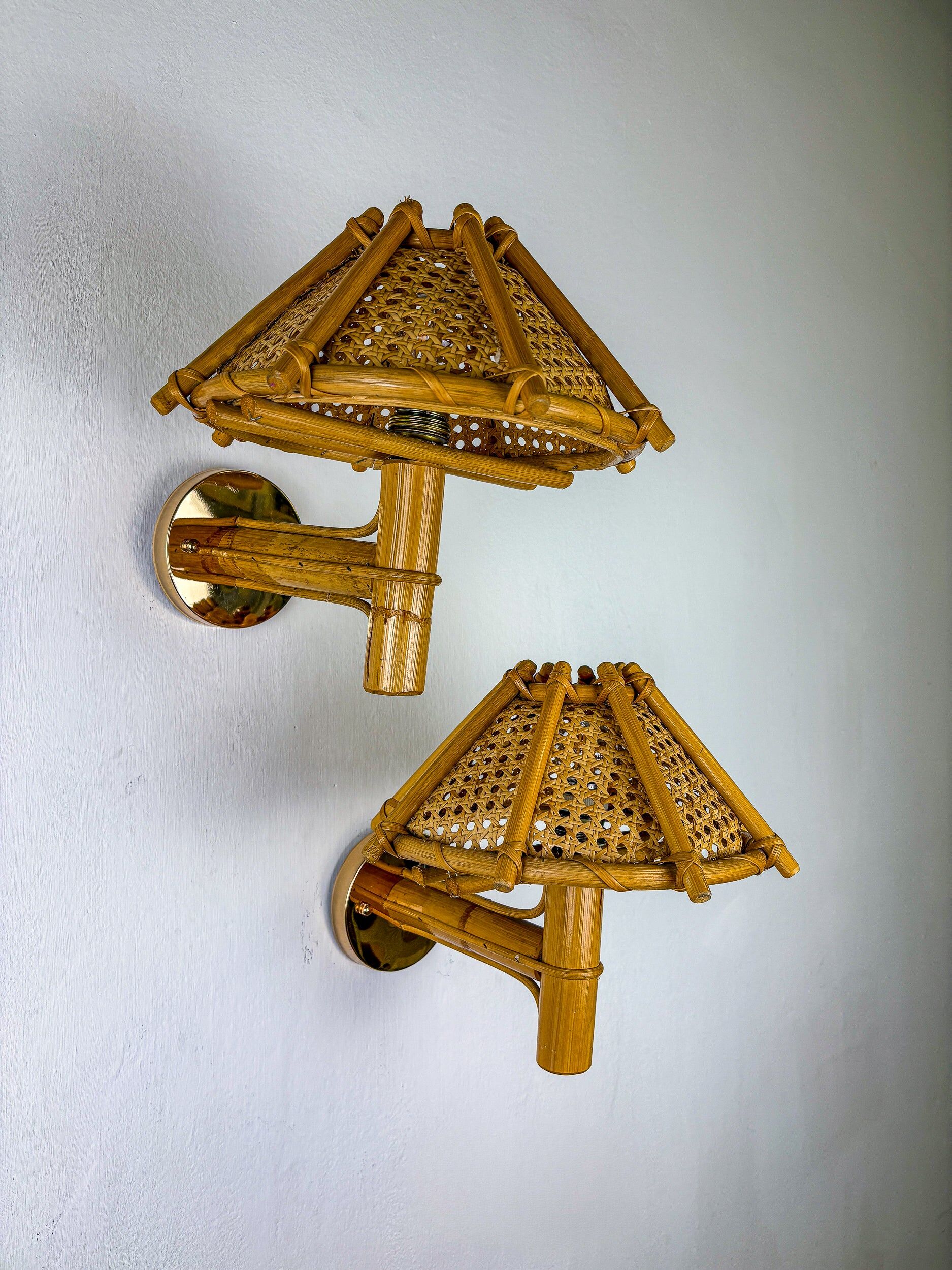 Pair of rattan bamboo wall lights with woven wicker shades, Italy, 1960s