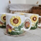 Set of 4 vintage barbotine cups / mugs with polychrome sunflower pattern