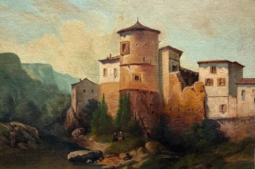 Landscape of a fortified village hamlet from the 19th century - Original antique oil painting.