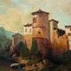 Landscape of a fortified village hamlet from the 19th century - Original antique oil painting.