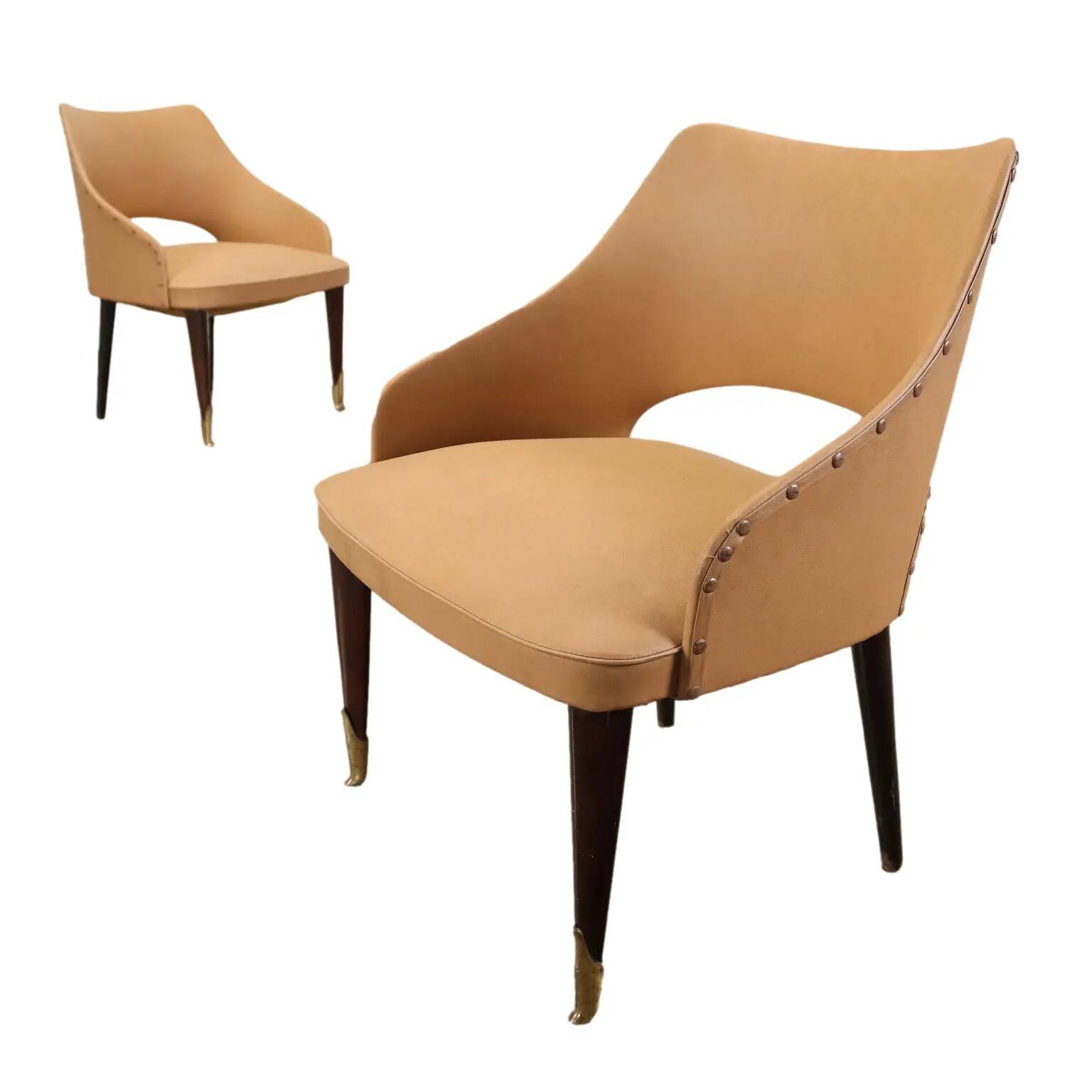 Pair of vintage armchairs from the 50s-60s in ebony wood, brass, with padded seats.