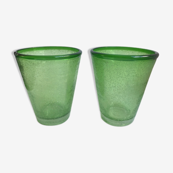 Duo de verres bullés verts soufflés à la bouche années 70