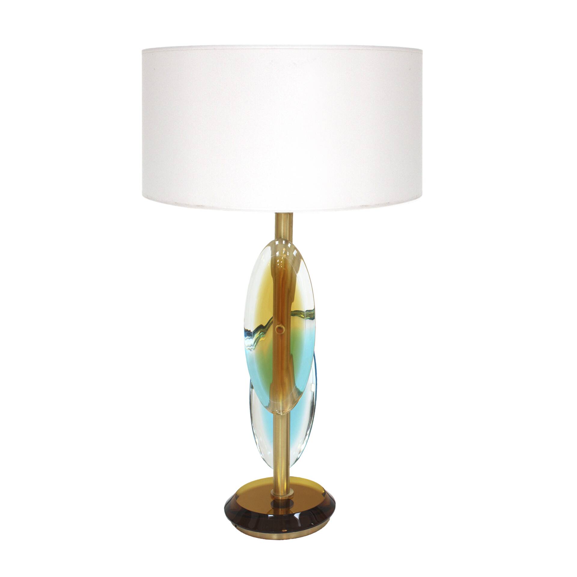 Pair of contemporary Murano glass lamps with a brass structure, made in Italy.