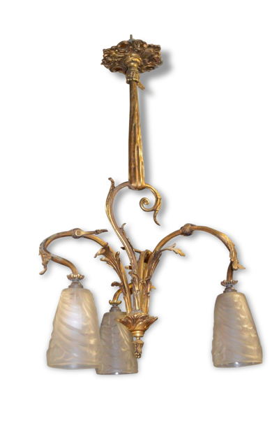 Ancien lustre en bronze / 3 tulipes signées negra