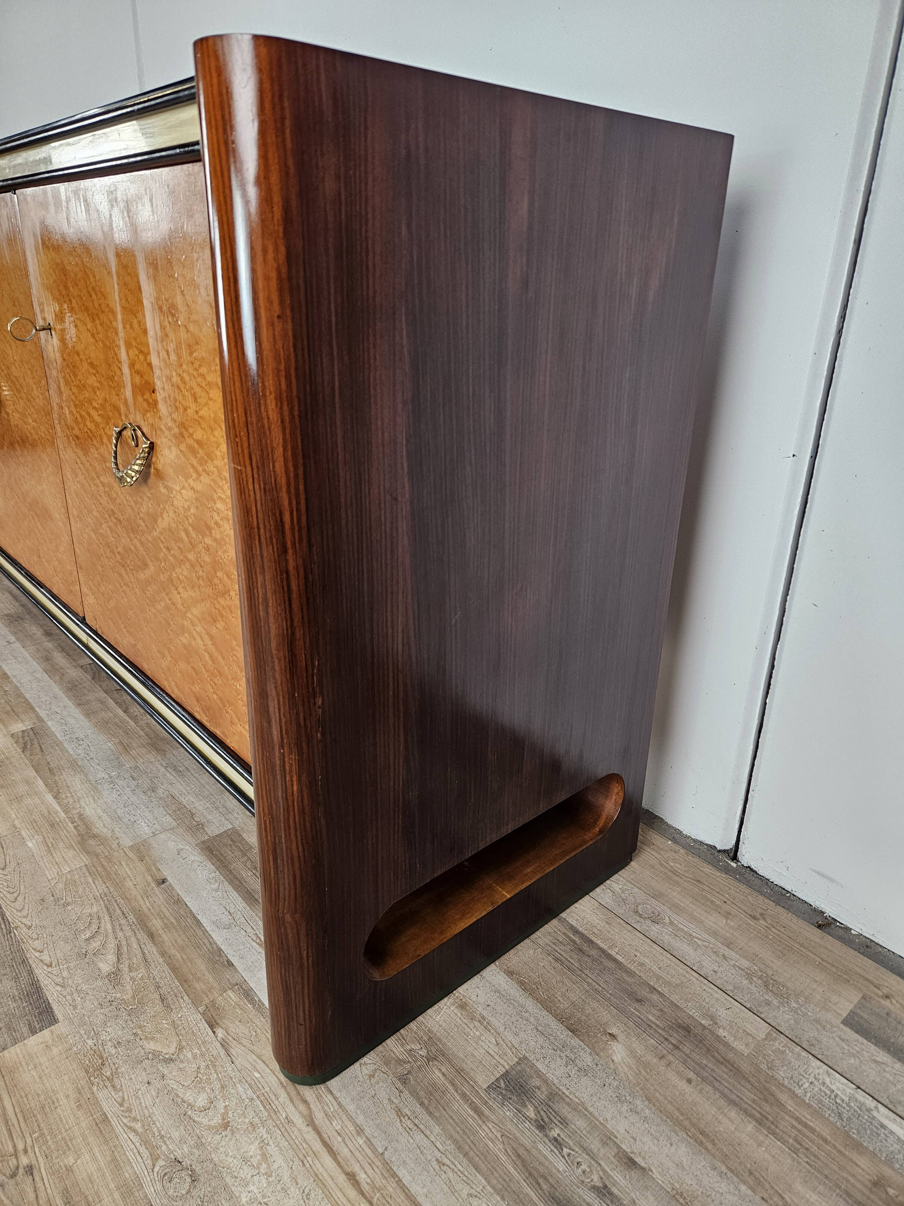 Art Decò Sideboard in Mahogany and Maple with Black Glass and Brass Finishi