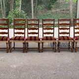 6 Louis XIII dining chairs in solid wood and burgundy velvet.