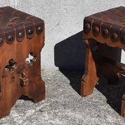 Pair of brutalist stools, leather seat.