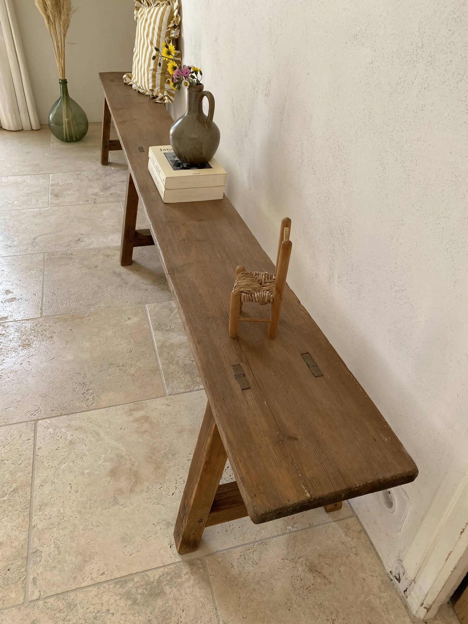 Large antique farmhouse bench 252 cm raw wood patinated