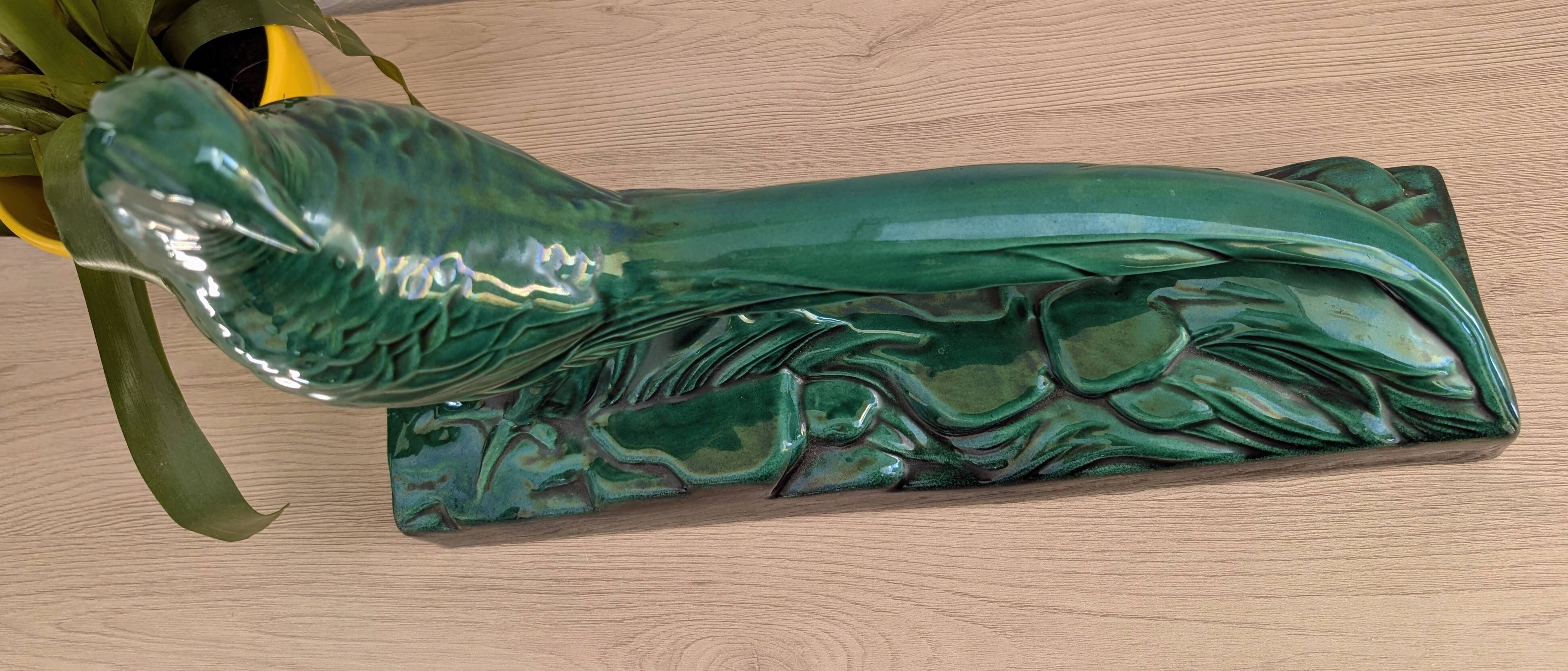 Grand Faisan en céramique émaillée vert émeraude Art Déco – 43 cm