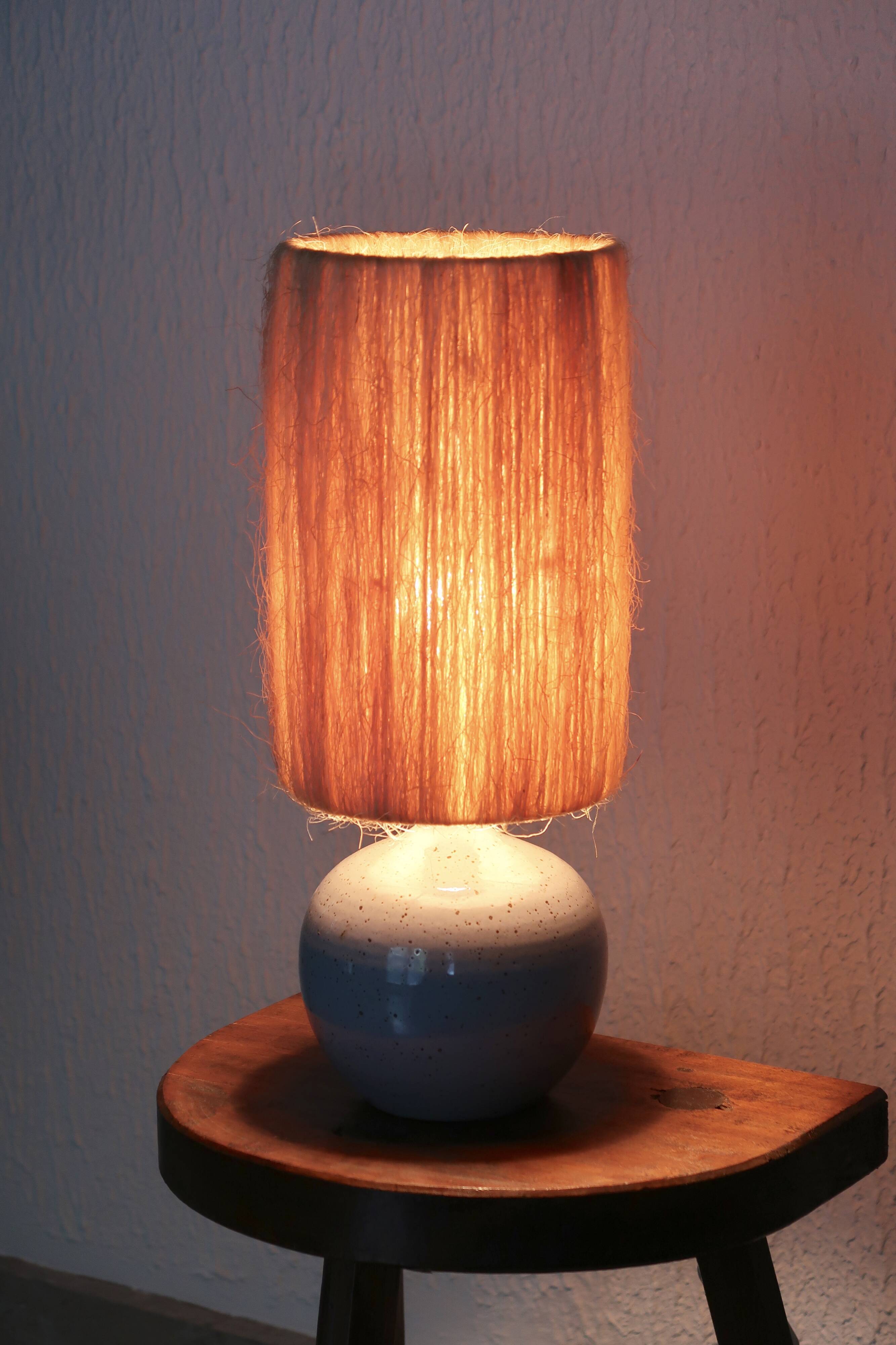 Blue ceramic lamp, hemp lampshade, 60s