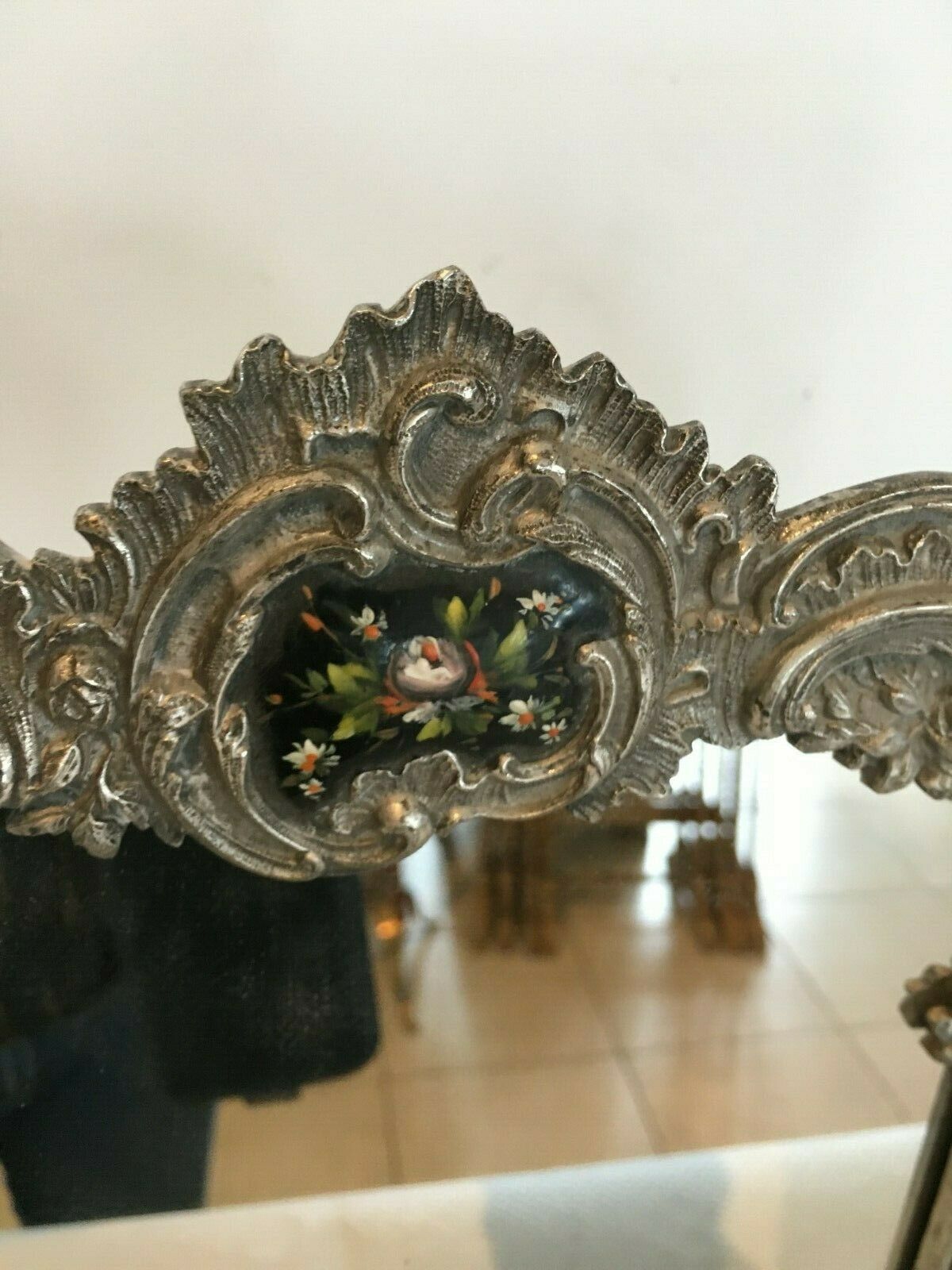 Louis XV style table mirror silver bronze frame floral painting 24x39cm