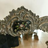 Miroir de table de style Louis XV cadre en bronze argenté peinture florale 24x39cm
