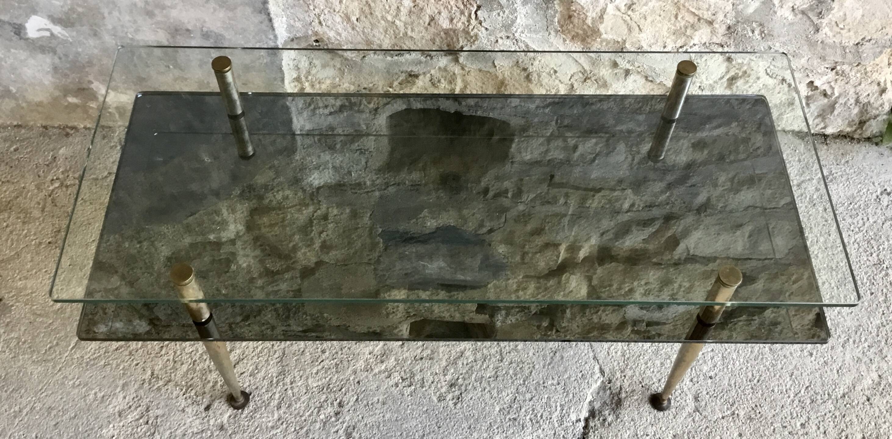 Table basse rectangulaire à double plateaux en verre - design Moderniste 1960