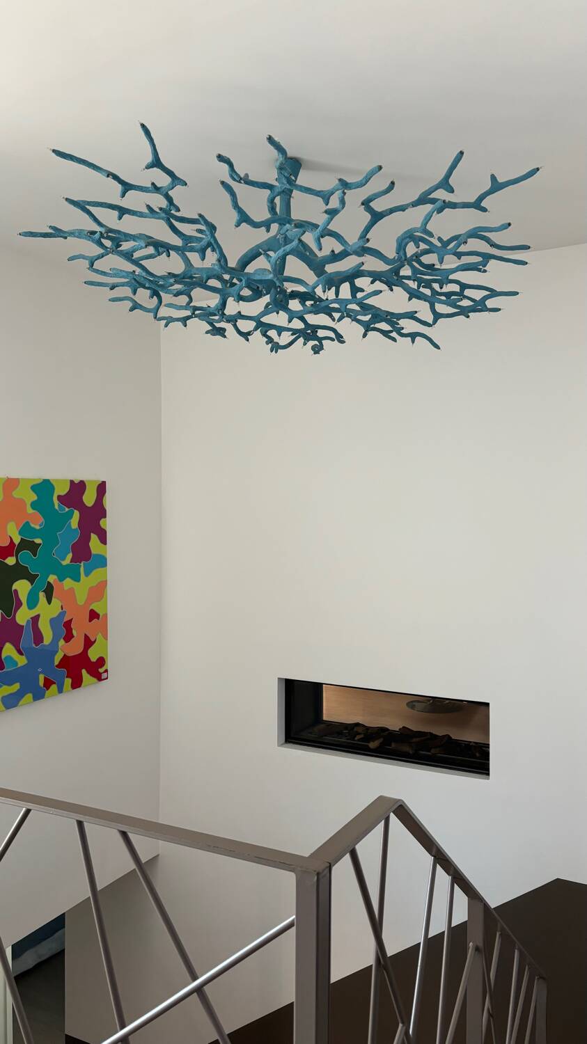 Blue resin chandelier, unique piece created by a visual artist