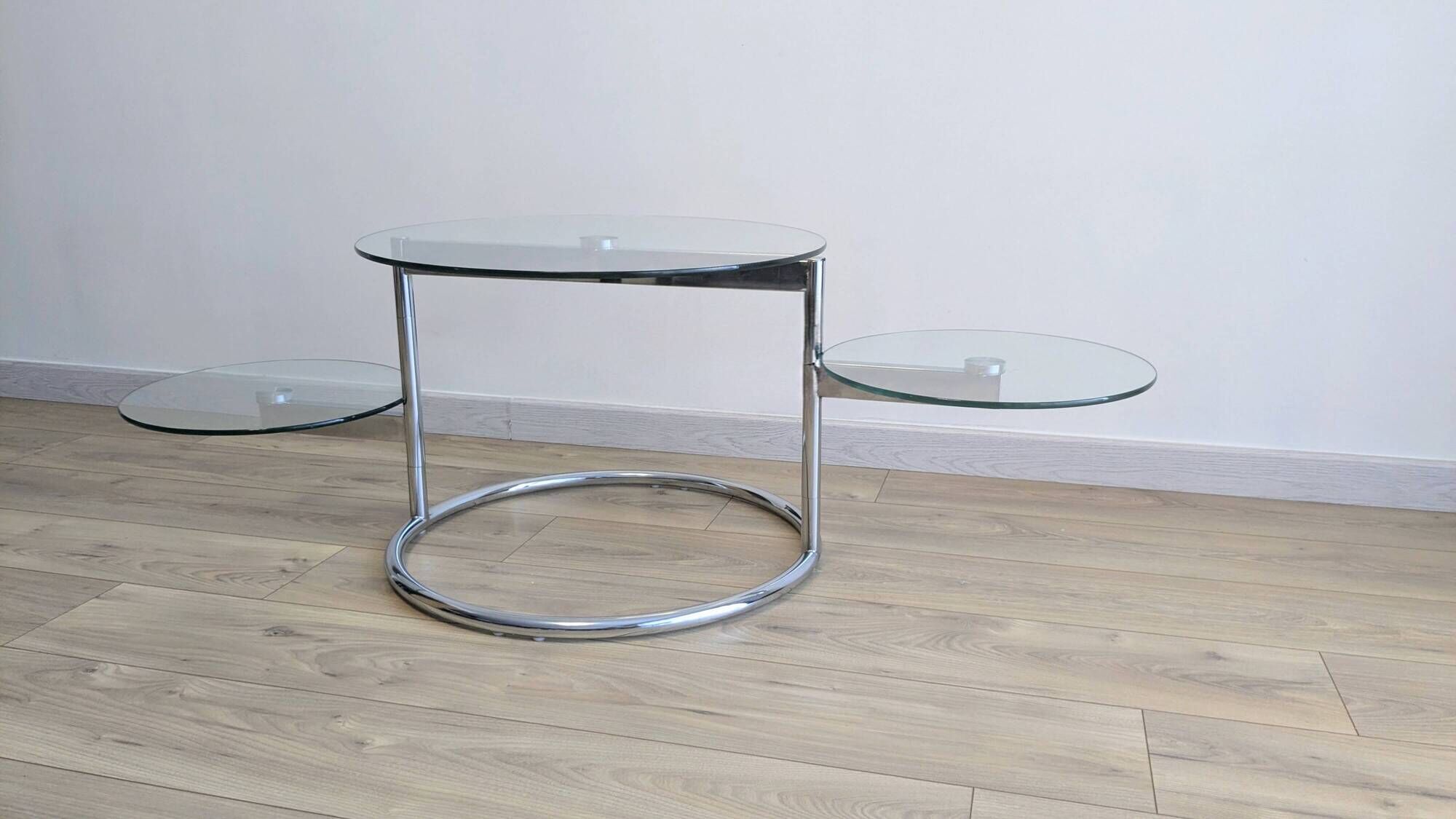 Vintage swivel coffee table with 3 glass and chrome trays – 1980s