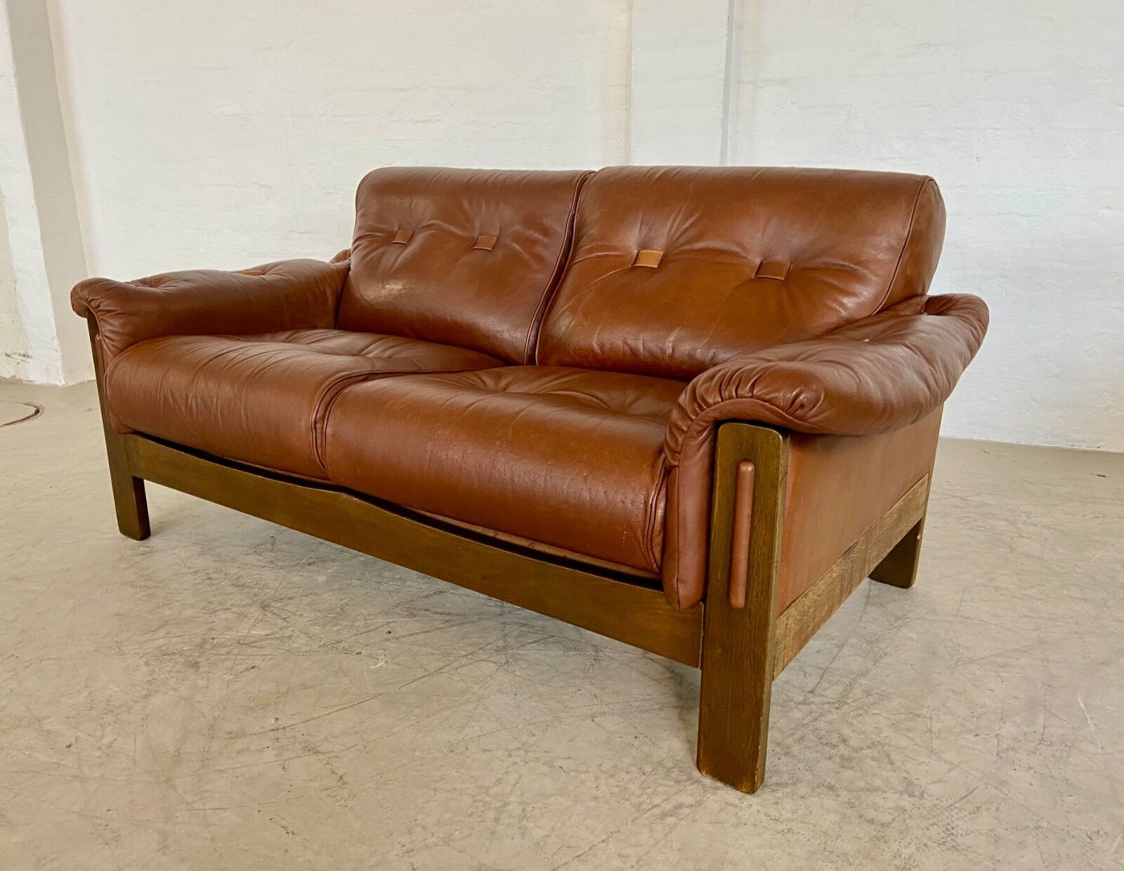 Vintage Danish mid-century cognac brown leather 2-seater Stouby 1970s
