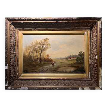 Tableau HST XIX° siècle signé Borough "Paysage animé"