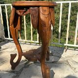 Small carved solid walnut side table with marble top