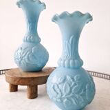 Pair of blue opaline vases from Vallérysthal Portieux decorated with roses