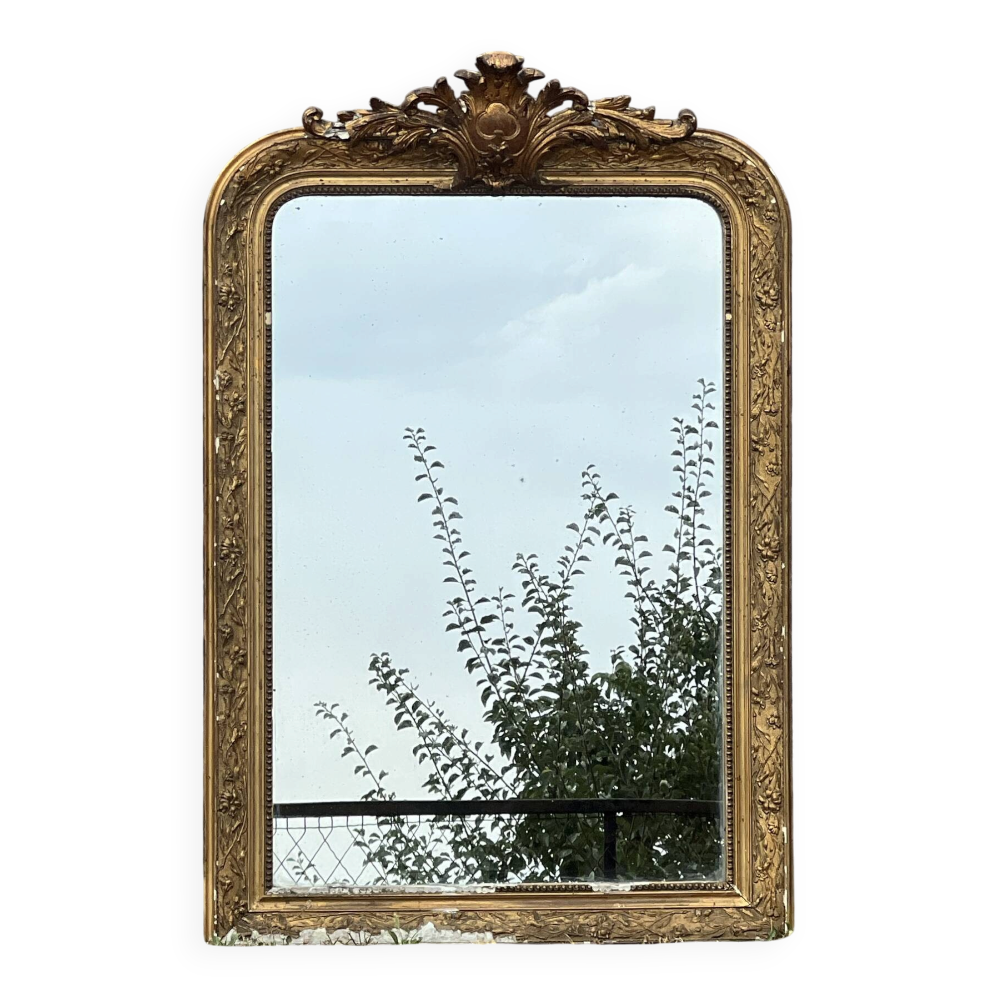 Louis-Philippe gold leaf mirror - sculpted pediment, mercury 117x76cm