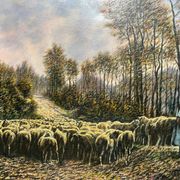 Tableau HST "Paysage aux moutons" signé Lucien Michon (né en 1887)