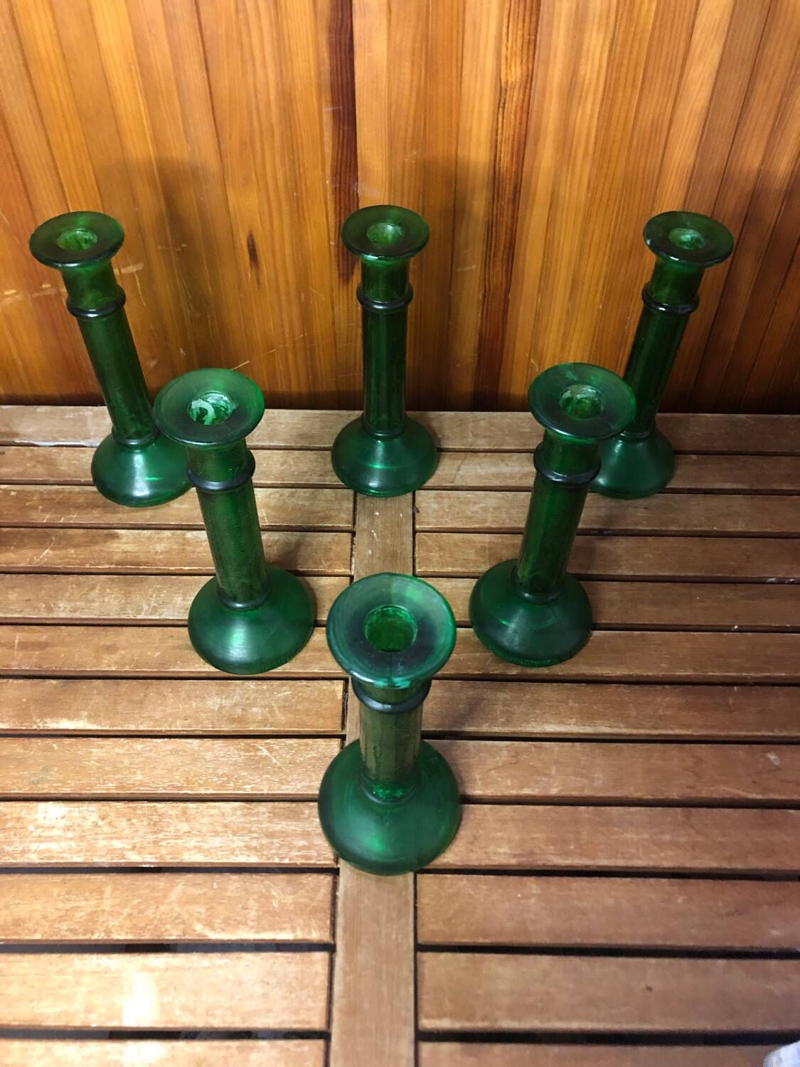 Series of 6 old vintage green bubble molded glass candlesticks #a529