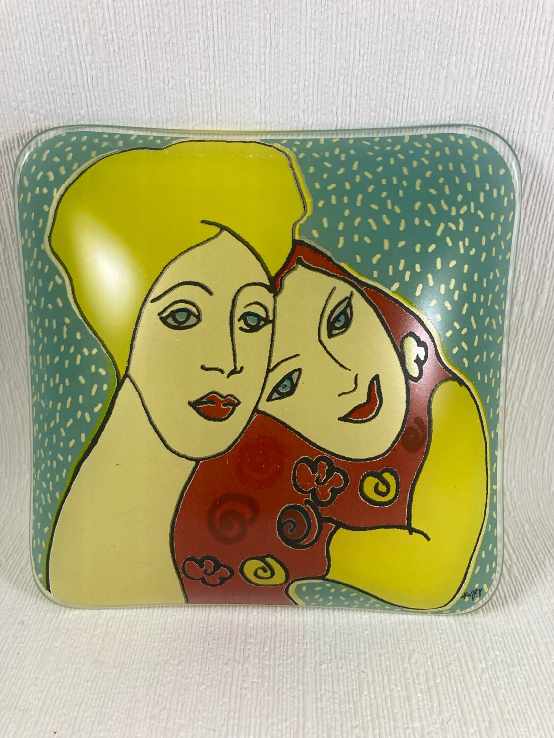 Yves Blayo Signed "Russian Women" Glass Trinket Tray in Screen-Printed Glass