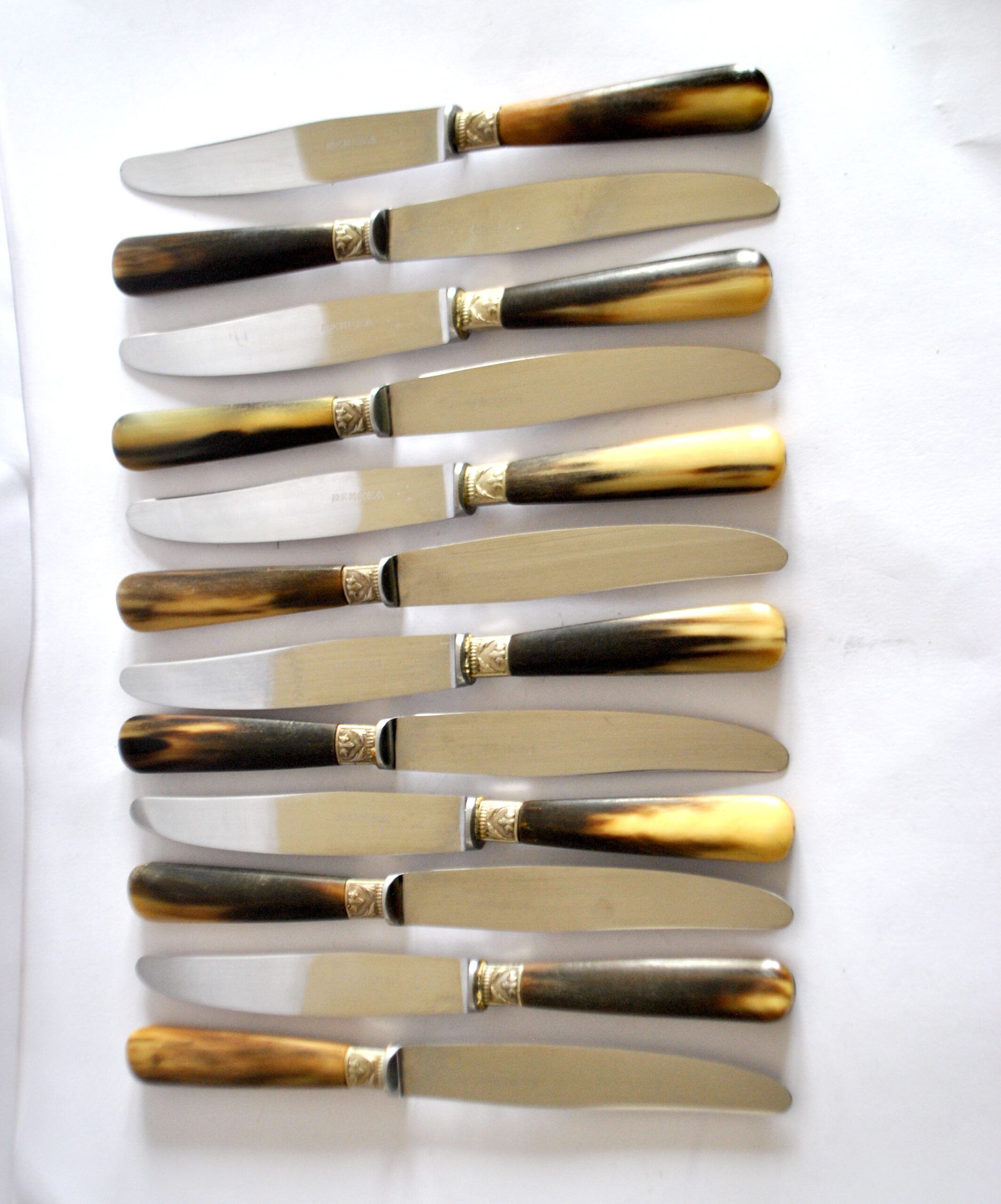 Set of 12 vintage table knives with horn handles and stainless steel blades RENEKA 24.5 cm