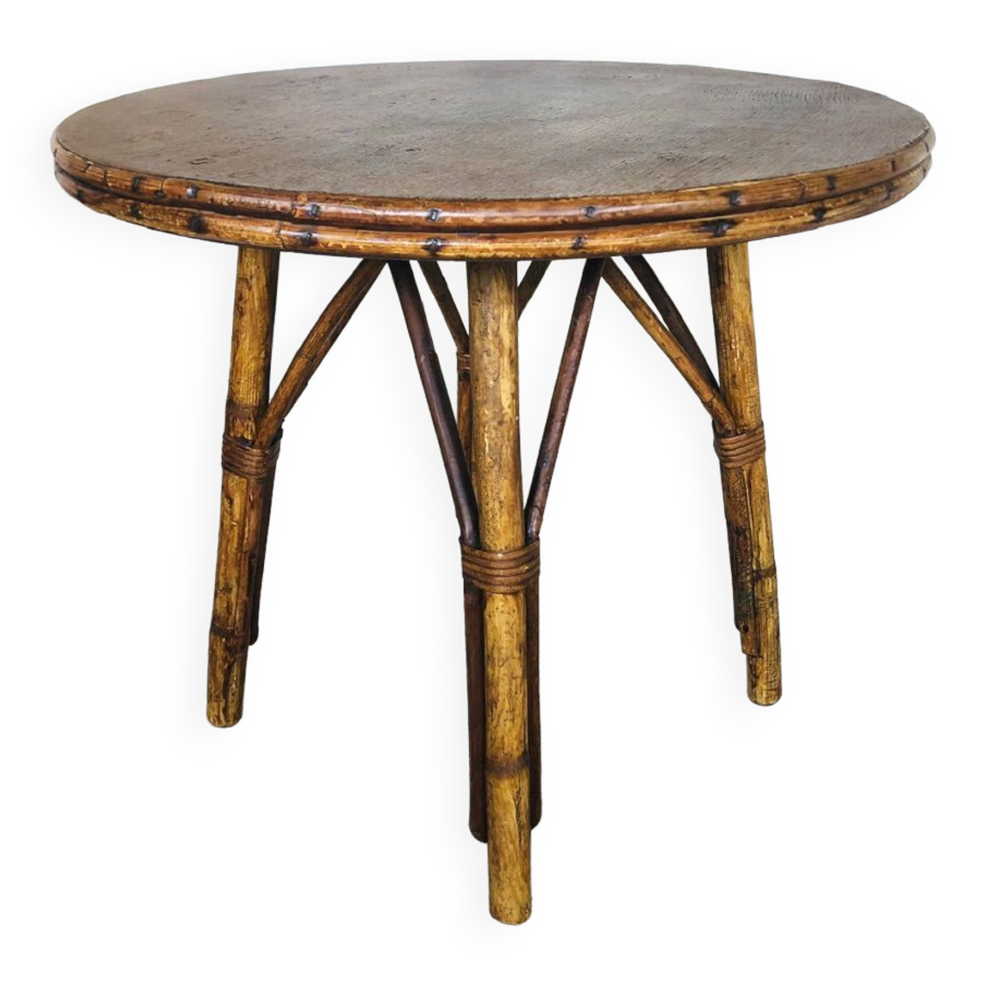 Round rattan bamboo side table, 60s