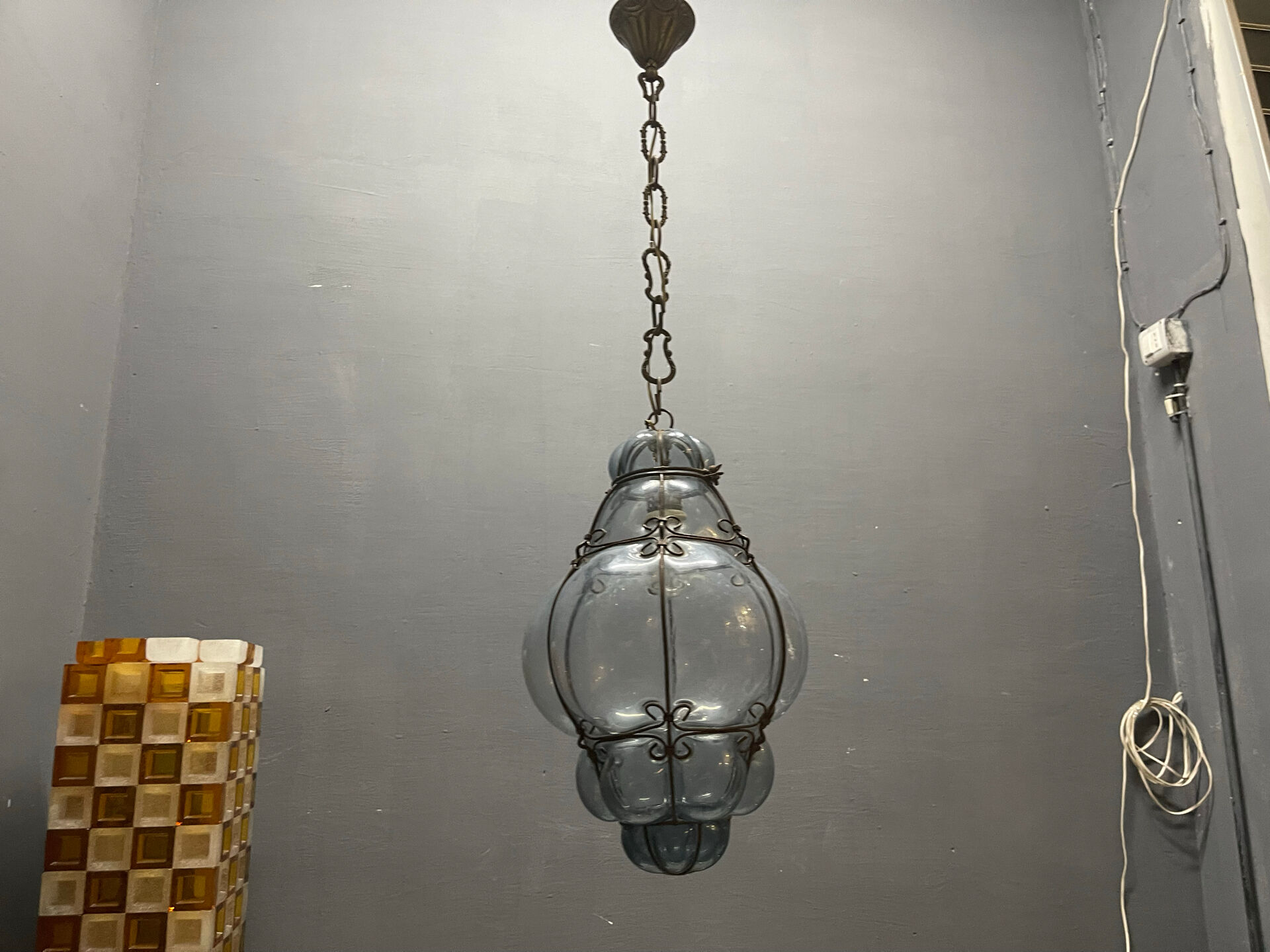 Wrought Iron Tinted Blue Murano Glass Light Pendant 1960’s