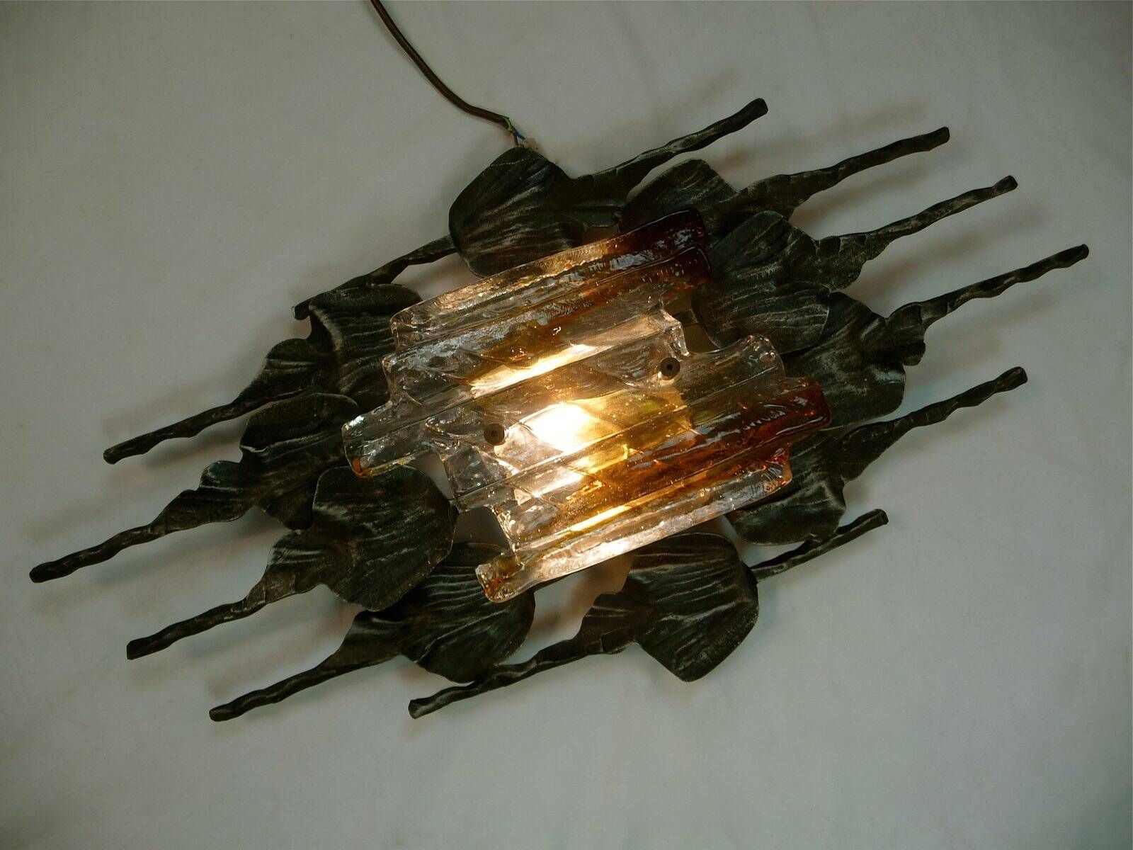 Large brutalist iron & ice Murano glass sconce / wall lamp, 1960s