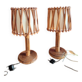 Paire de lampes Louis Sognot vintage en rotin et bambou années 60/70