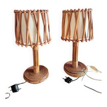 Pair of vintage Louis Sognot lamps in rattan and bamboo from the 60s/70s.