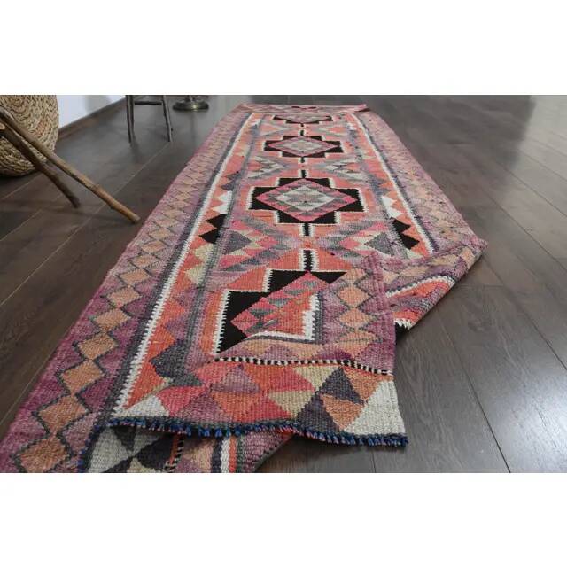 1970s Vintage Turkish Handmade Wool & Cotton Pink Runner Rug 101x318