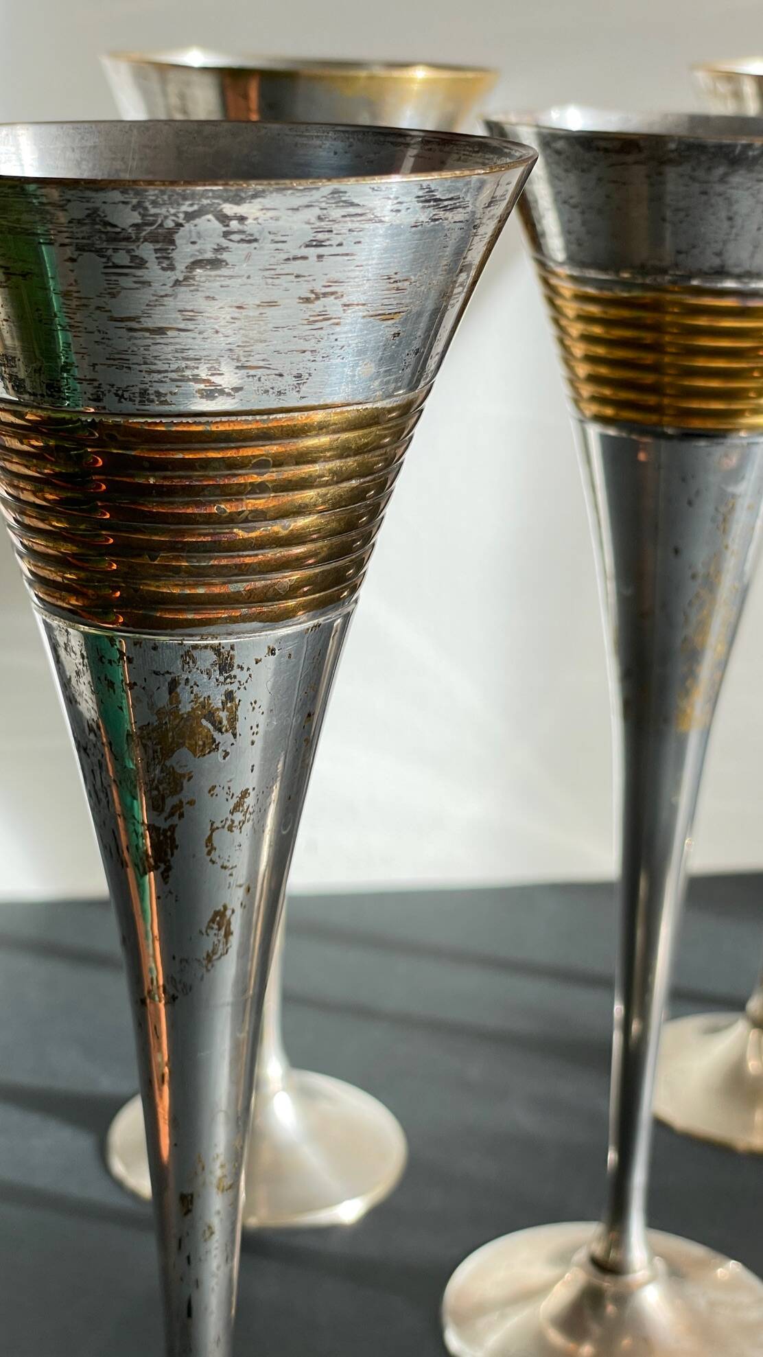 6 Vintage Silver-Plated Brass Champagne Flutes