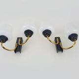Pair of vintage Maison Arlus wall lights from the 1950s in brass, glass globe.