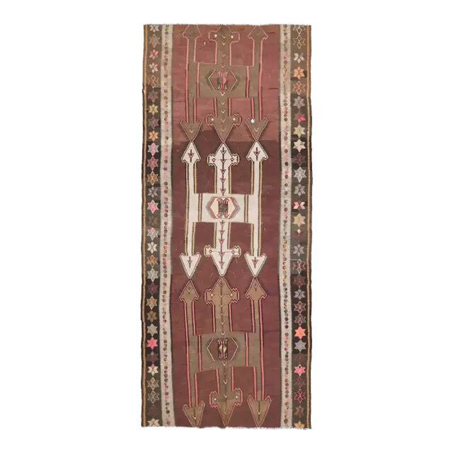 Vintage Turkish Oushak handmade wool cotton brown runner rug 168x395