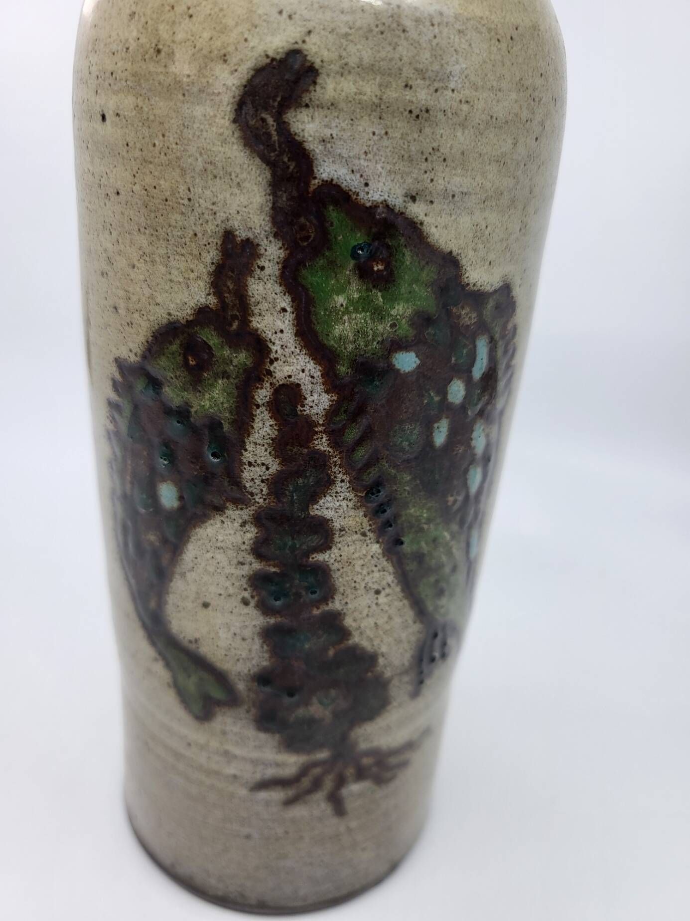 Vintage bottle vase in ceramic stoneware with fish decoration circa 1970/80.