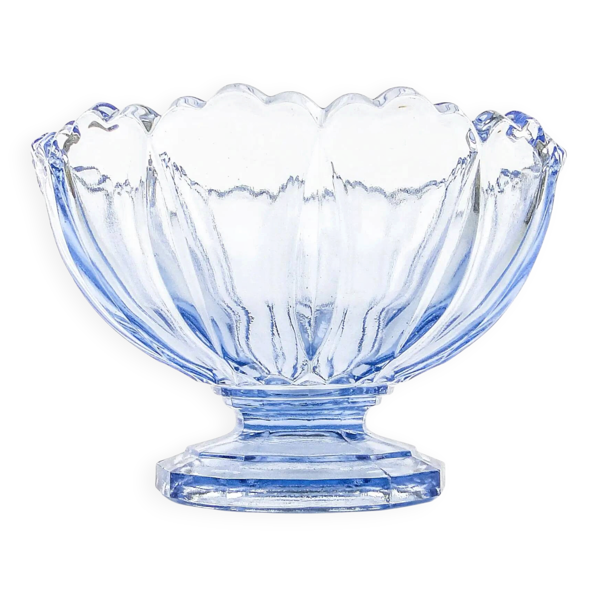 Ring Around fruit bowl, mid-century modern, pressed turquoise glass, Ząbkowice, Poland, 1960s