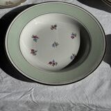 Set of 9 vintage turquoise deep plates with gold trim and pink flowers.